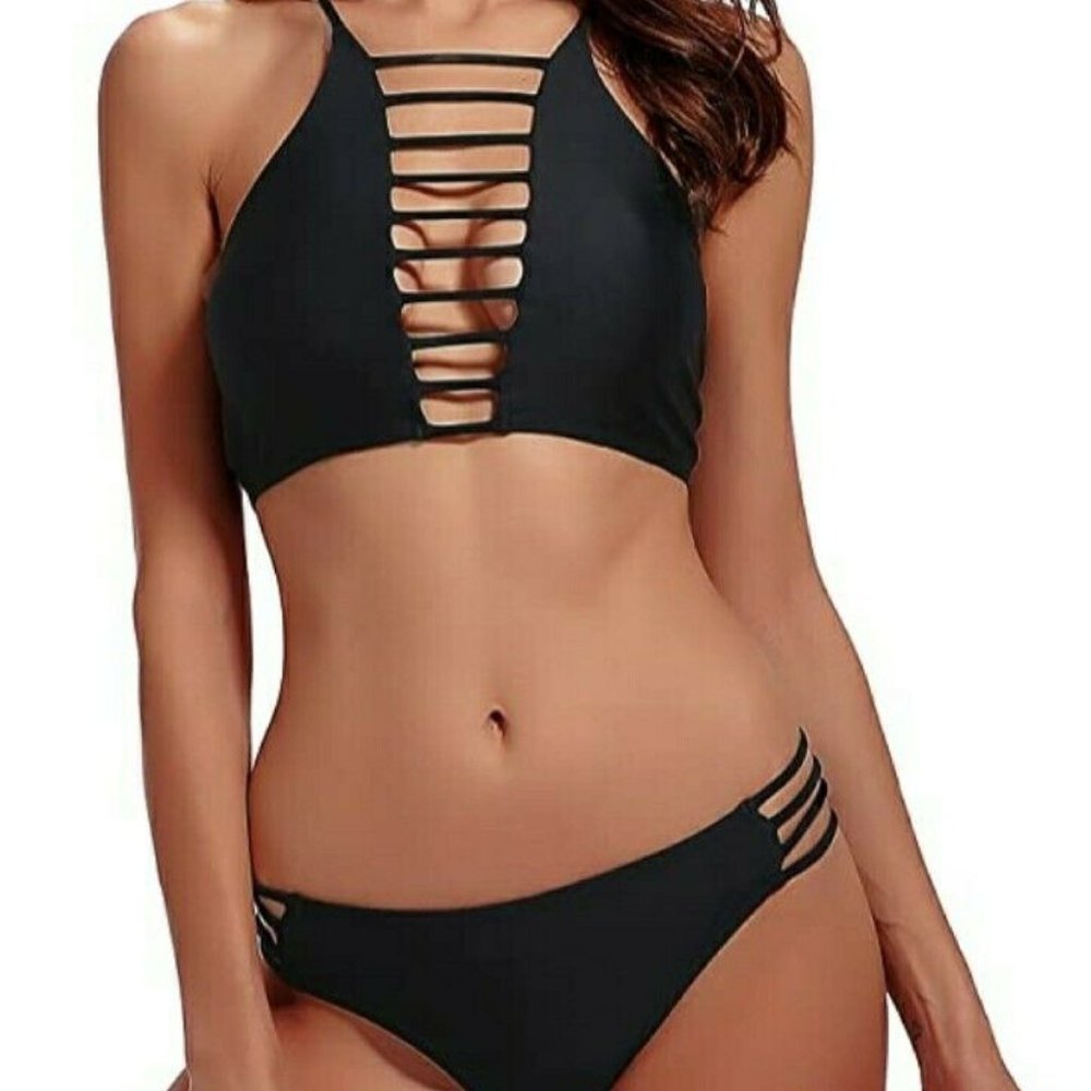 Women's Cut-out 2PC Bikini Tie Swimsuit Sz S Black